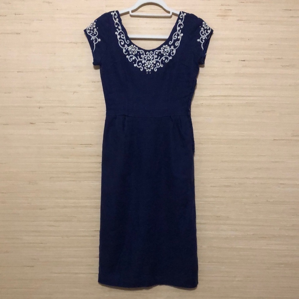 Vintage Jerry Gilden Spectator Elegant Navy Blue Embroidered Pencil Skirt Dress